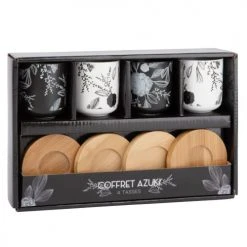 Maisons Du Monde Vaisselle De Noël Coffret 4 Tasses En Porcelaine Et Soucoupes En Bambou