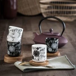 Maisons Du Monde Vaisselle De Noël Coffret 4 Tasses En Porcelaine Et Soucoupes En Bambou -Bols, tasses et mugs Soldes Magasin coffret 4 tasses en porcelaine et soucoupes en bambou 1000 13 32 195479 2