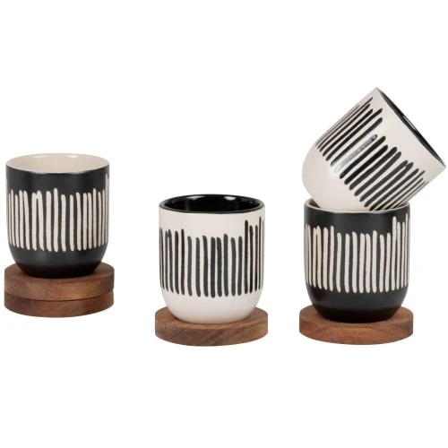 Maisons Du Monde Bols, Tasses Et Mugs Coffret Tasses En Grès Crème Et Noir (x4) Avec Coupelles En Bois D'acacia 4 Maisons Du Monde Bols, Tasses Et Mugs Coffret Tasses En Grès Crème Et Noir (x4) Avec Coupelles En Bois D'acacia – Image 2