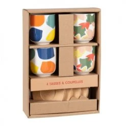 Maisons Du Monde Bols, Tasses Et Mugs Coffret Tasses (x4) En Grès Motif Végétal Multicolore Et Soucoupes En Bambou