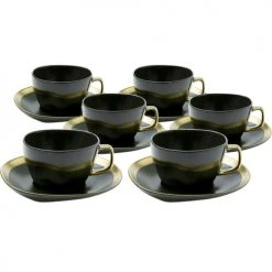 Kare Design Bols, Tasses Et Mugs Tasse Avec Coupelle En Grès Vert Foncé Et Doré - Lot De 6
