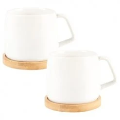 Maisons Du Monde Vaisselle De Noël Tasse Et Soucoupe En Faïence Blanche Et Bambou - Lot De 2